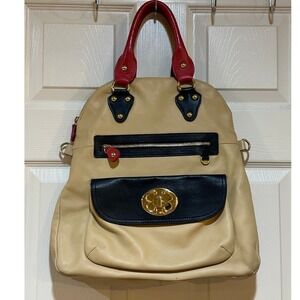 Emma Fox Leather Colorblock Satchel Backpack Beige Black Red Gold Turn Lock
